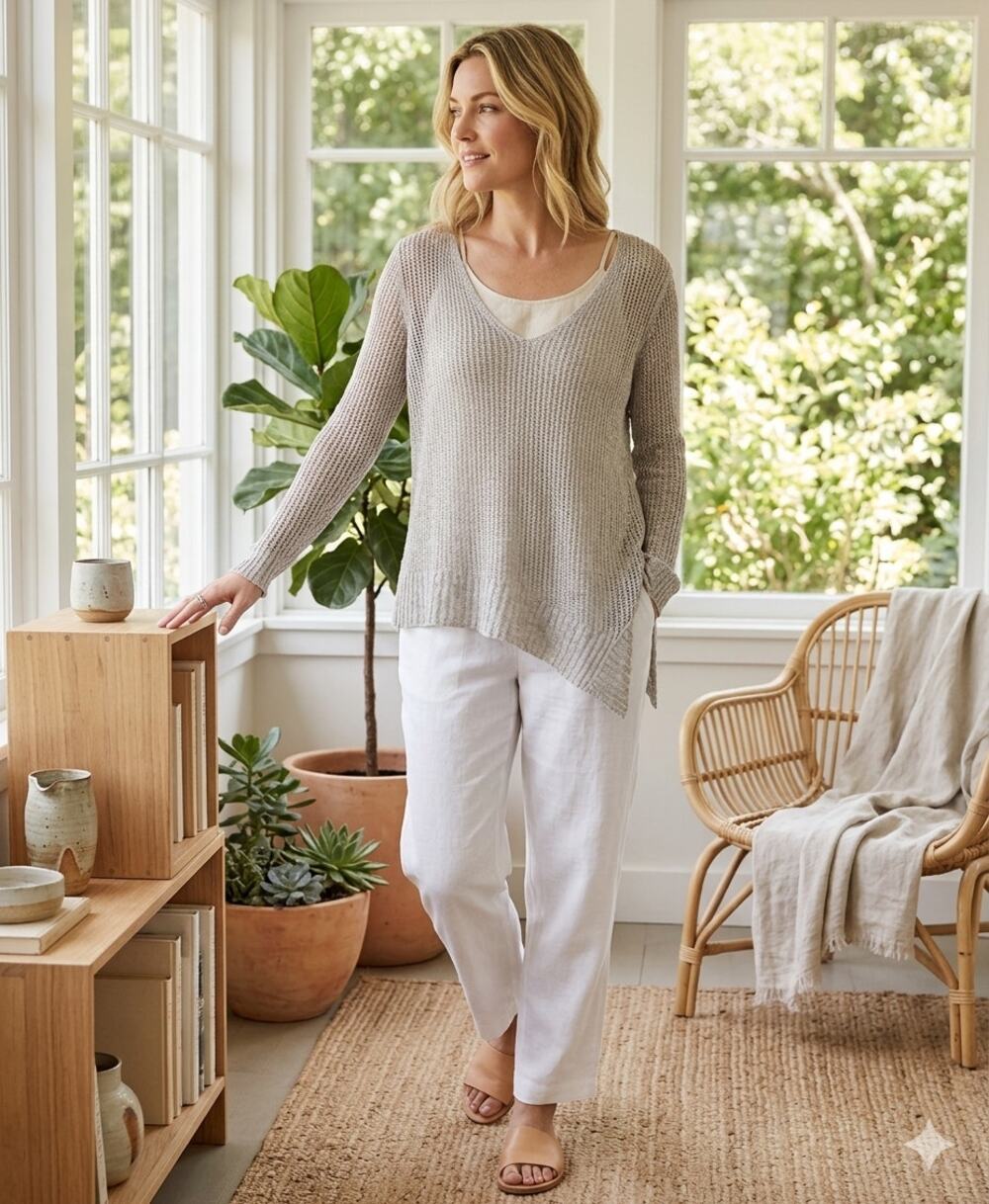 Eileen Fisher Linen Blend Mesh Knit V-Neck Asymmetric Hem Sweater Minimalist SM